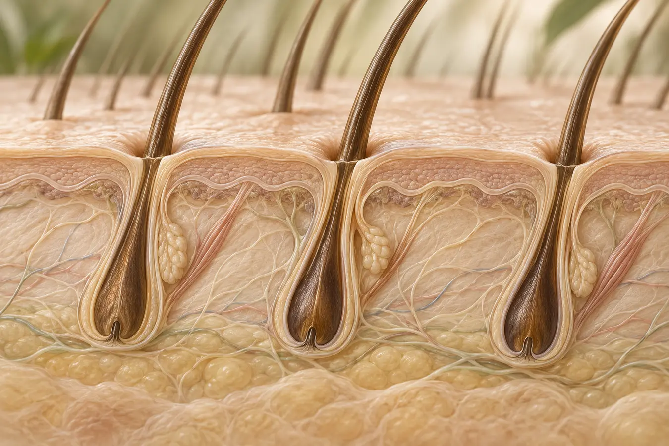 Illustration im Querschnitt: Haartrichter, Haarfollikel, Talgdrüsen und Haarwurzeln in der Kopfhaut